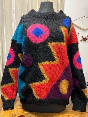 Vintage Rafaella Mohair Colour Block Patterned Sweater Wool Zigzag Bold Loud Vtg